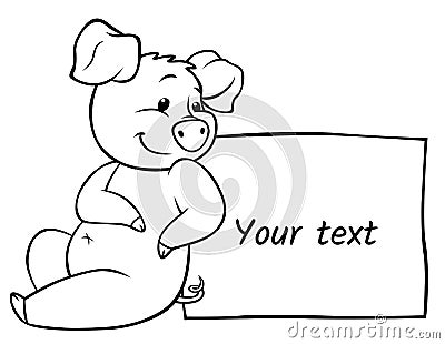 Coloring pages: farm animals. Little cute pig sits and smiles with bunner. Vector Illustration